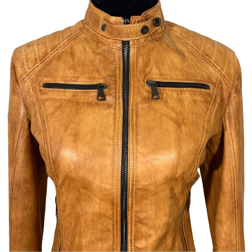 Florence Moon Italy Women’s Leather Moto Jacket - Cognac– XS -NWT - Picture 4 of 13